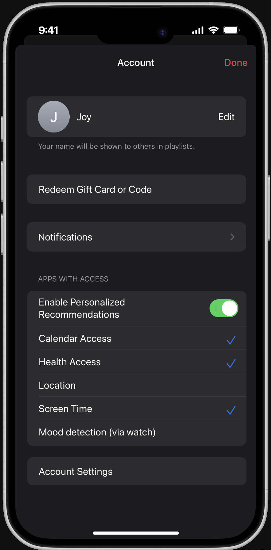 Moment OS settings screen with access enabled